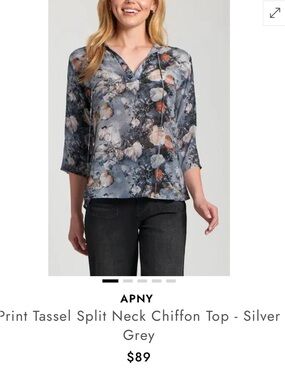 APNY Silver-Grey Floral Print Tassel Split-Neck Chiffon Top